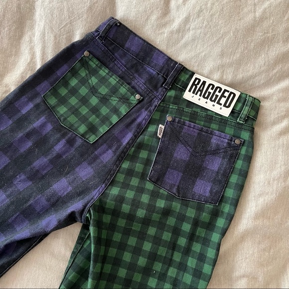 Ragged Priest Split Checked Green/Purple Jeans - Picture 2 of 6